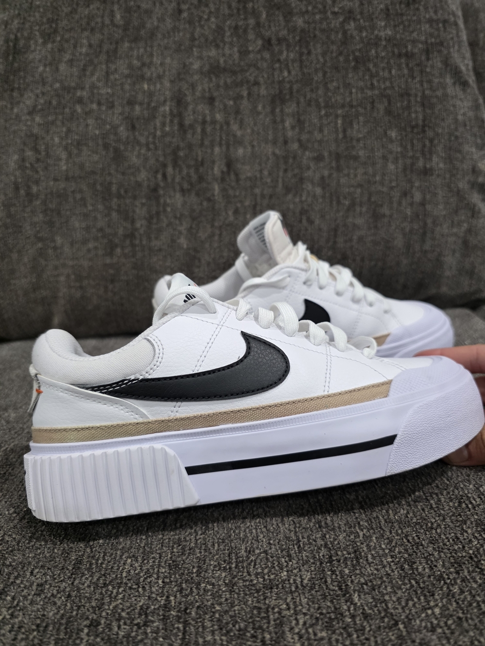 Nike White Platform Sneakers with Black Swoosh and Beige Trim - Picture 8 of 9